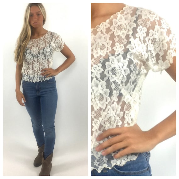 80s White Romantic Floral Lace Crop Top Pearl Tas… - image 1