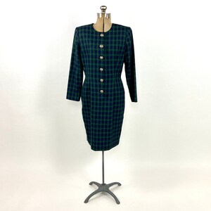 Vintage 90s Navy Blue Plaid Dress Green Plaid Sheath Long Sleeve Dress  Button Wiggle Party Dress M L - Etsy