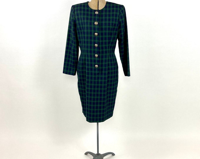 Vintage 90s Navy Blue Plaid Dress Green Plaid Sheath Long Sleeve Dress Button Wiggle Party Dress M L