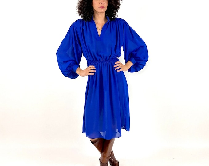 70s Cobalt Blue Sheer Dress Billow Long Sleeve Party Dress Draped Dancing V Neck Dress Puff Sleeve Vintage Dress XS S