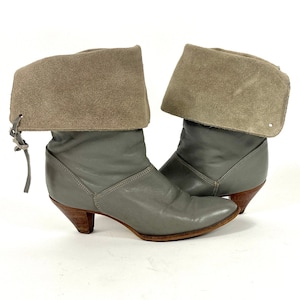 80s Gray Cropped Leather Pirate Cuff Folded Suede Boots High Heel Dingo Vintage Booties 5.5 5