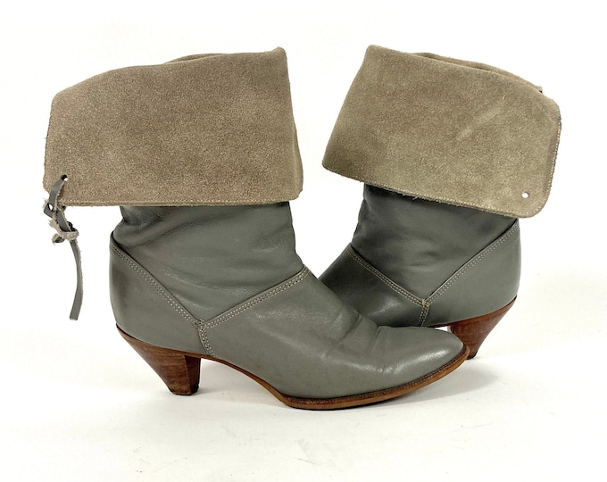 80s Gray Cropped Leather Pirate Cuff Folded Suede Boots High Heel Dingo Vintage Booties 5.5 5