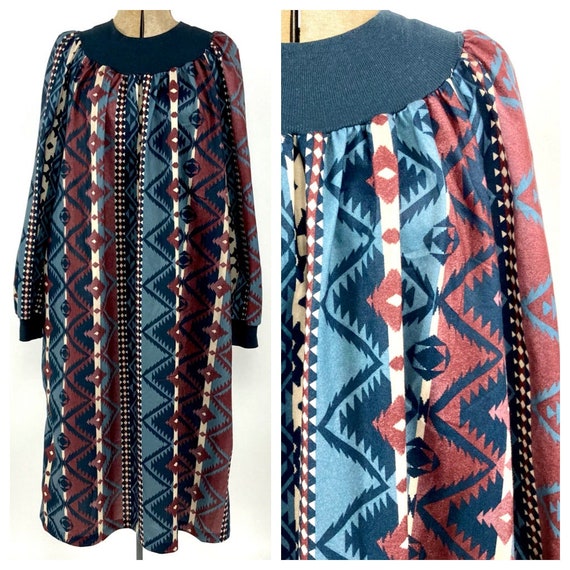 80s Gray Blue Southwestern House Dress Tribal Pri… - image 1