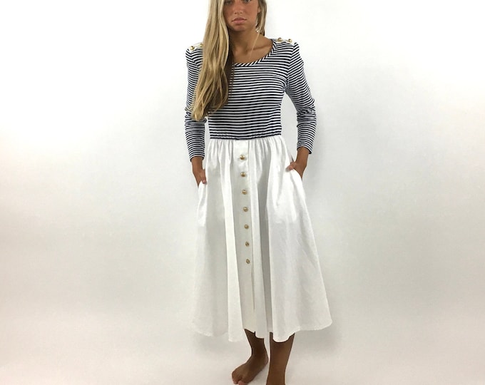 70s Lanz White Sailor Striped Dress Full Skirt Blue Midi Gold Button Shoulder Epaulettes Pockets Dress Party Vintage Sun Dress S M