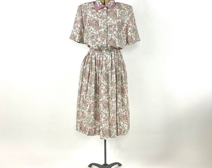 80s Cream Pink Paisley Day Dress Red Midi Boho Secretary Party Vintage Academia Normcore Short Sleeve Dress S M