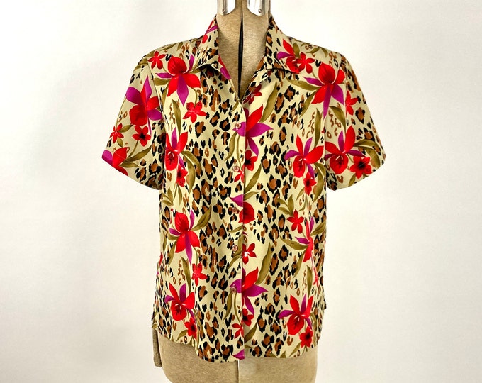 80s Red Leopard Print Blouse Secretary Animal Print V Neck Button Up Vintage Dress Top S M
