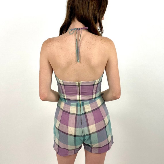 30s Pin Up Checked Bathing Suit Ruched Halter Gre… - image 3