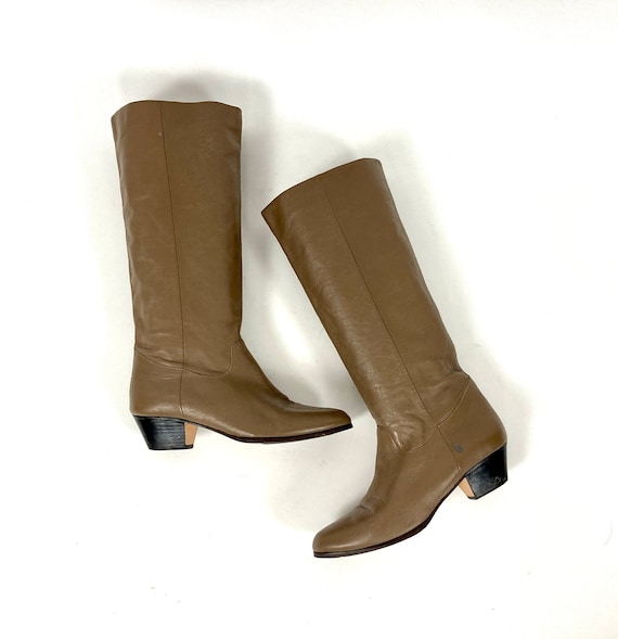 70s Taupe Tall Leather Boots Gray Cowboy Boots Hi… - image 1