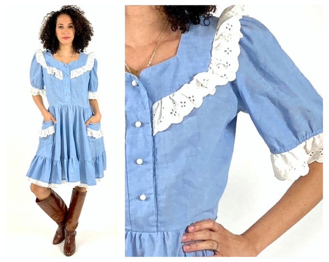 80s Blue Puff Sleeve Midi Dress White Lace Ruffle Button Bodice Dress Boho Hippie Party Full Vintage Western Cowboy Square Dance Dress S M