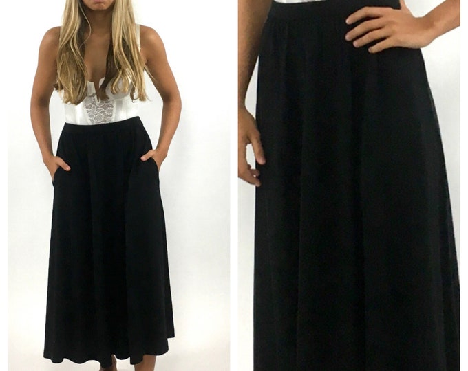 70s Black Knit Dress Skirt Midi Pockets Boho Midi Skirt Vintage Dress Skirt Xs S