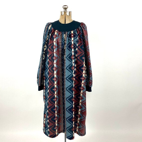 80s Gray Blue Southwestern House Dress Tribal Pri… - image 4