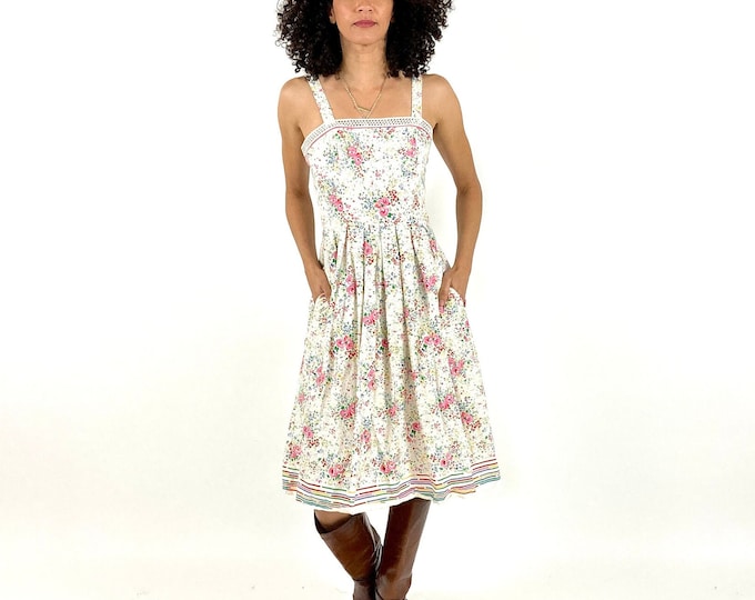70s Lanz Rainbow Midi Sundress White Floral Striped Dress Cottagecore Lace Party Dress Open Back Pleated Boho Hippie Vintage Sun Dress XS S