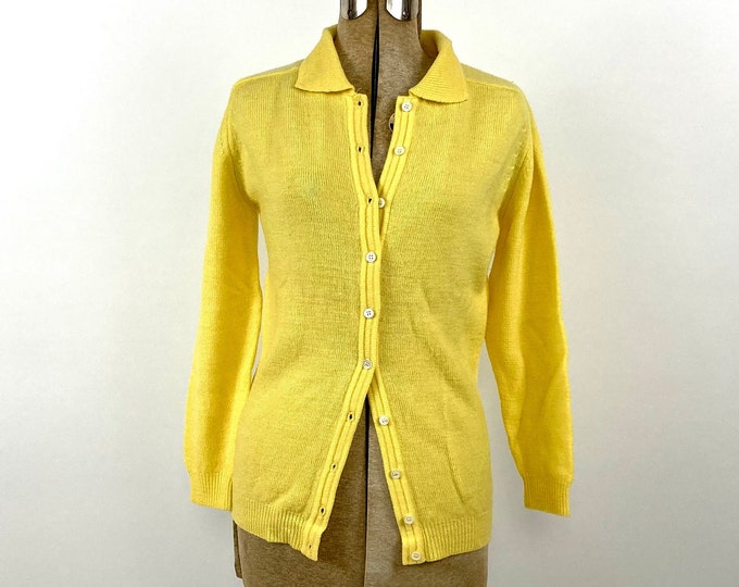 50s Bright Yellow Cardigan Sweater Skinny Cardigan Vintage Virgin Wool Sweater Jacket Xs S M