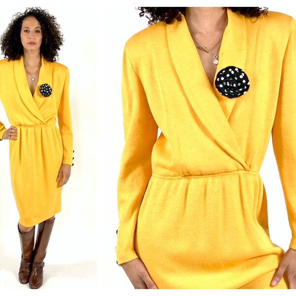 90s Yellow V Neck St John Knit Dress Marigold Pencil Marie Gray Long Sleeve Dress Vintage Classic Day Dress S M