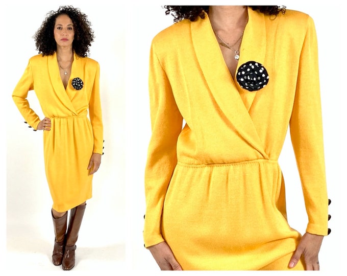 90s Yellow V Neck St John Knit Dress Marigold Pencil Marie Gray Long Sleeve Dress Vintage Classic Day Dress S M