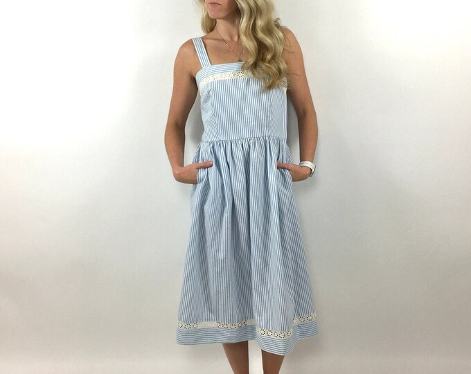 70s Lanz Midi Dress Blue White Seersucker Pinstripe Dress Eyelet Lace Floral Party Dress Open Back Striped Vintage Party Sun Dress XS S