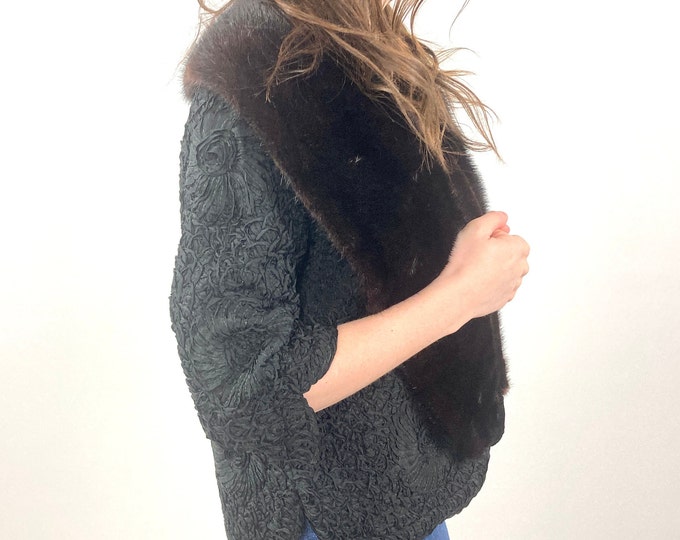 50s Brown Mink Fur Cropped Coat Black Woven Taffeta Ribbon Dress Coat Plush Floral Glam Jacket Rocker Vintage Fur Cape Stroller Xs S