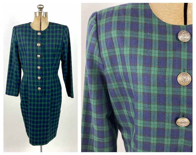 Vintage 90s Navy Blue Plaid Dress Green Plaid Sheath Long Sleeve Dress Button Wiggle Party Dress M L