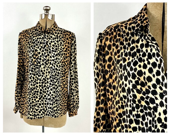 80s Brown Black Leopard Print Blouse Secretary Animal Print V Neck Button Up Vintage Dress Top S M