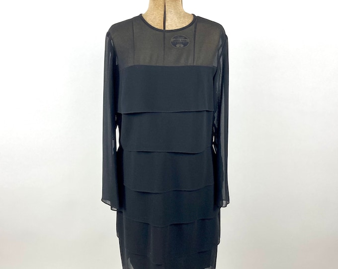 80s Black Sheer Tiered Cocktail Dress Layered LBD Party Dress Long Sleeve Vintage Dress XS S