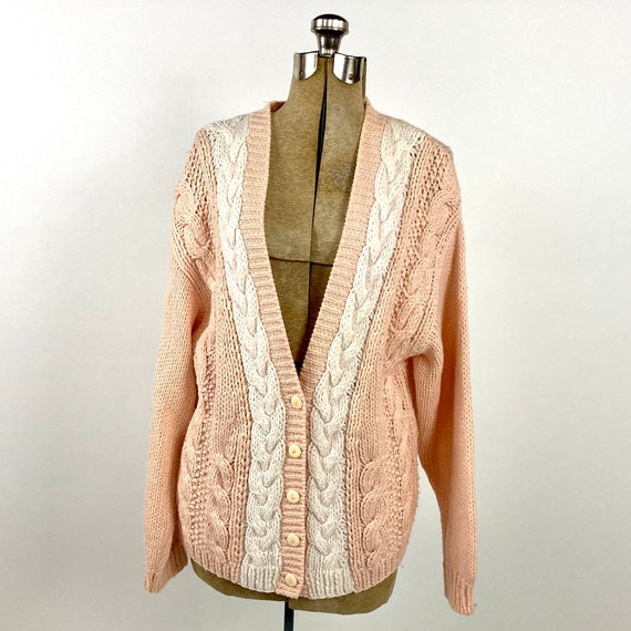 80s Peach Pink Cardigan Sweater Chunky White Cabl… - image 3