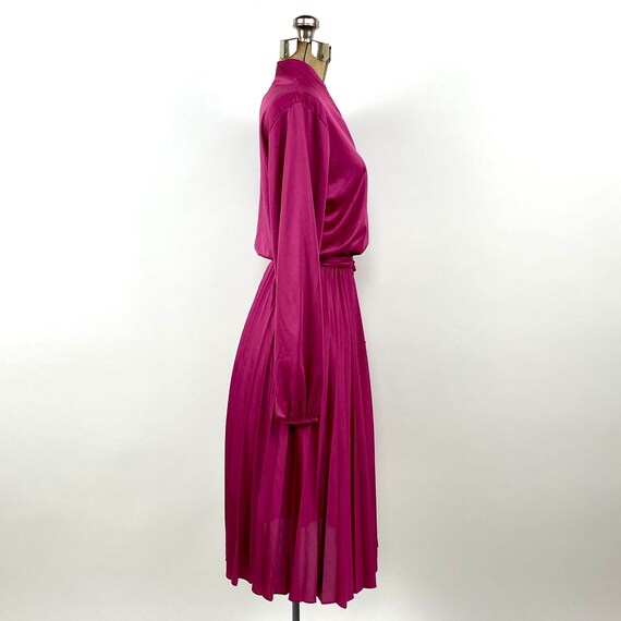 70s Fuschia Disco Long Sleeve Dress Pink V Neck A… - image 7