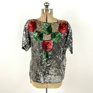 80s Silver Red Sequin Glam Metallic Blouse Vintage Silk Floral Dress Top Shirt