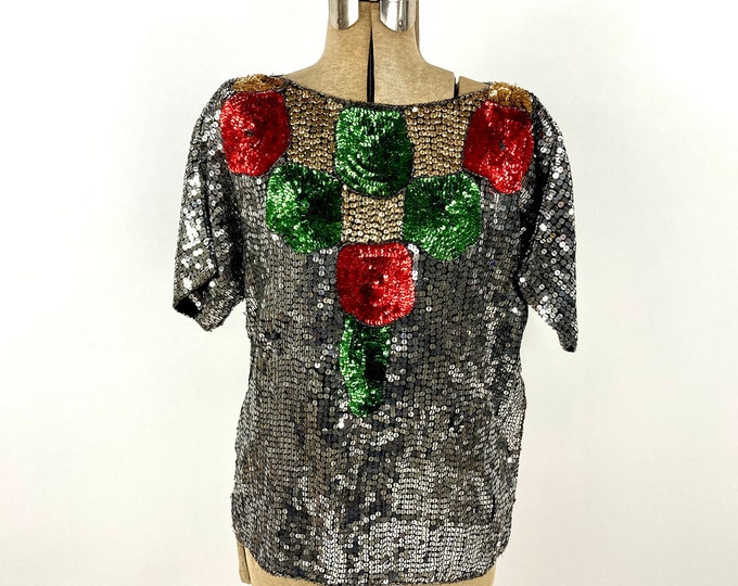 80s Silver Red Sequin Glam Metallic Blouse Vintage Silk Floral Dress Top Shirt