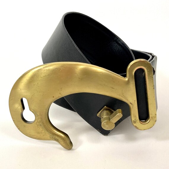70s Brass Hook Leather Belt Gold Big Buckle Keyhole B… Gem