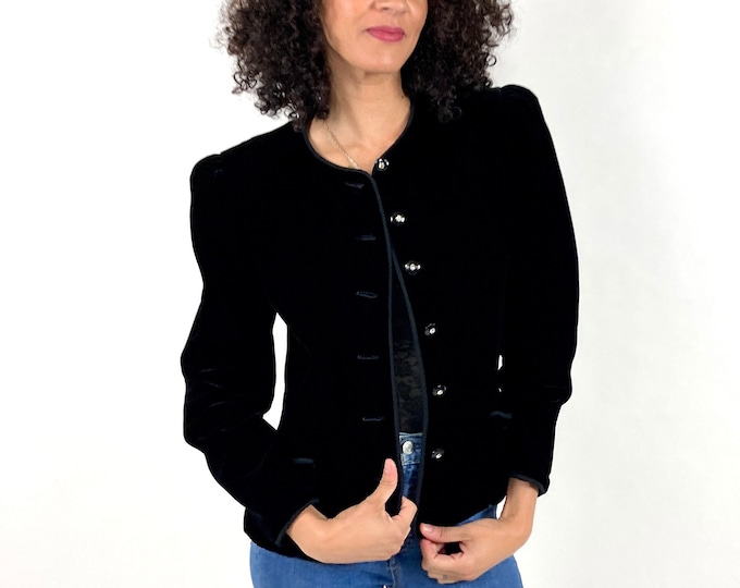 80s Black Velvet Jacket Rhinestone Cropped Blazer Puff Sleeve Avant Garde Structured Vintage Top Blazer S M