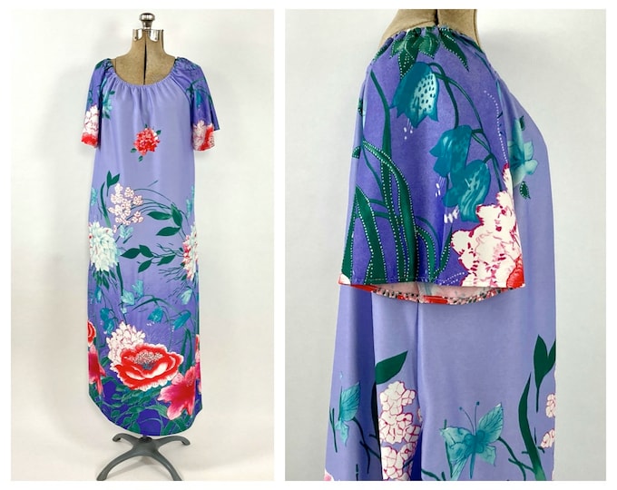 70s Hawaiian Purple Maxi Dress Red Floral Dress Flutter Sleeve Vintage Party Sundress House Dress Butterfly Print Hawaii Dress Xs S