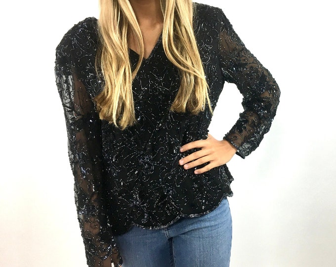 80s Black Beaded Sheer Top Big Shoulder V Neck Glam Top Long Sleeve Scallop Party Dress Top Xs S M