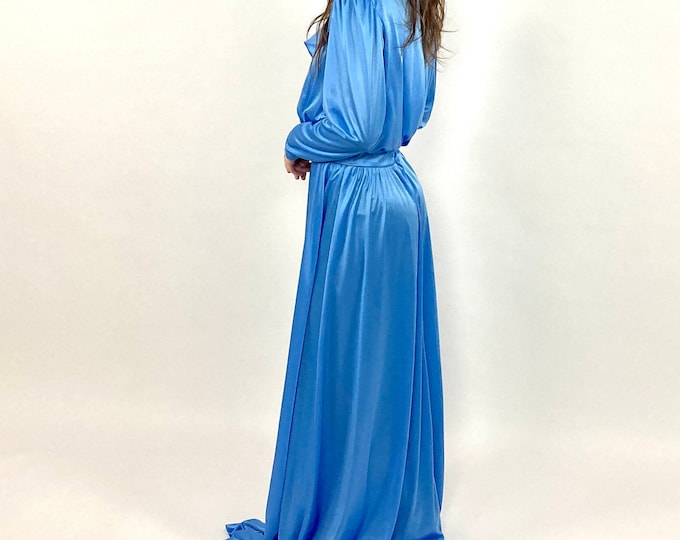 70s Blue Grecian Ruffle Dress Long Sleeve Goddess Ethereal Dress Draped Maxi Vintage Lace Dress XS S M