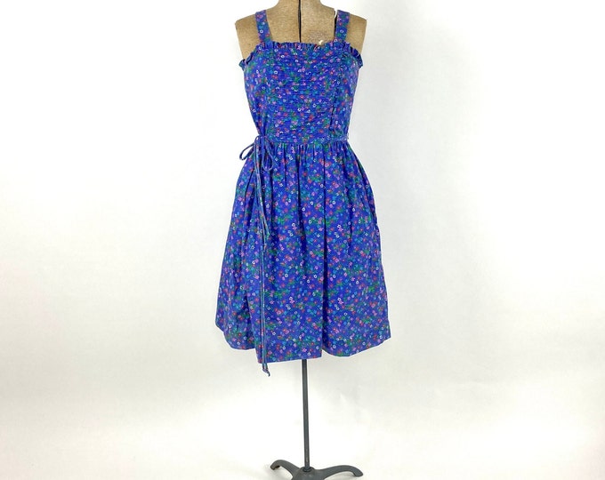 70s Lanz Purple Floral Dress Cottagecore Boho Sun Midi Blue Dress Pintuck Pocket Vintage Sundress Xs S