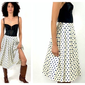 50s Cream Blue Polka Dot Full Skirt White Pleated Cotton Sheer Rockabilly Dress Skirt High Waist Vintage Preppy Skirt XS S image 1