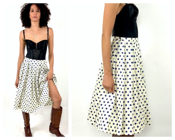 50s Cream Blue Polka Dot Full Skirt White Pleated… - image 1