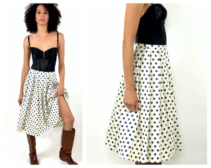 50s Cream Blue Polka Dot Full Skirt White Pleated Cotton Sheer Rockabilly Dress Skirt High Waist Vintage Preppy Skirt XS S