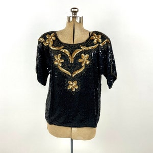 80s Black Gold Floral Sequin Beaded Silk Blouse Metallic Glam Disco Flapper Vintage Dress Top
