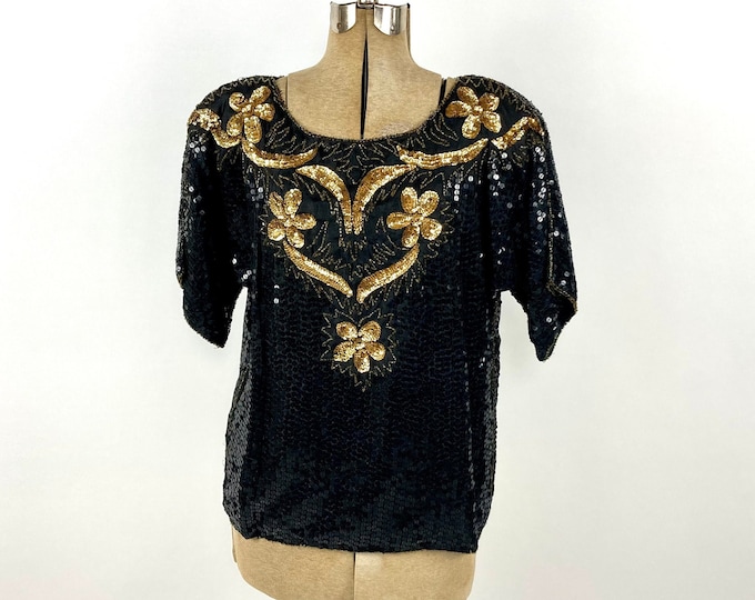 80s Black Gold Floral Sequin Beaded Silk Blouse Metallic Glam Disco Flapper Vintage Dress Top