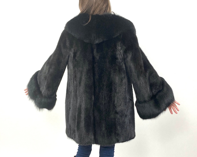 60s Black Mink Fur Coat Swing Dress Glam Jacket Bell Sleeve Brown Plush Rocker Vintage Fur Stroller Xs S M