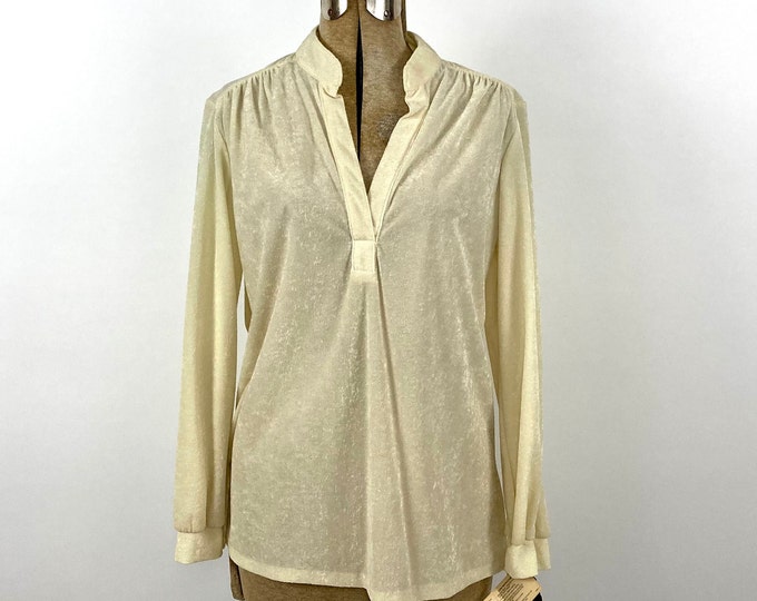 70s Cream Pullover Tunic Deep V Neck Hippie Blouse NOS Vintage Boho Festival Dress Top