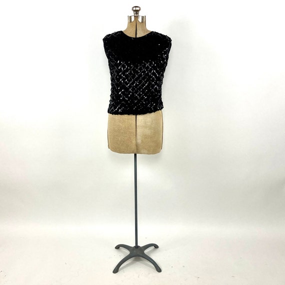 60s Black Knit Sequin Sleeveless Blouse Keyhole V… - image 2