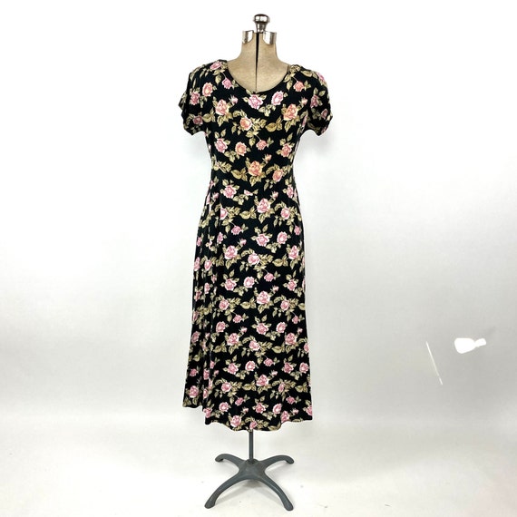 90s Black & Pink Floral Midi Dress (S/M)