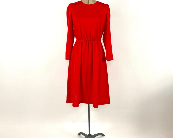 70s Bright Red Long Sleeve Mini Dress Minimalist Puff Sleeve Midi Vintage Dress XS S
