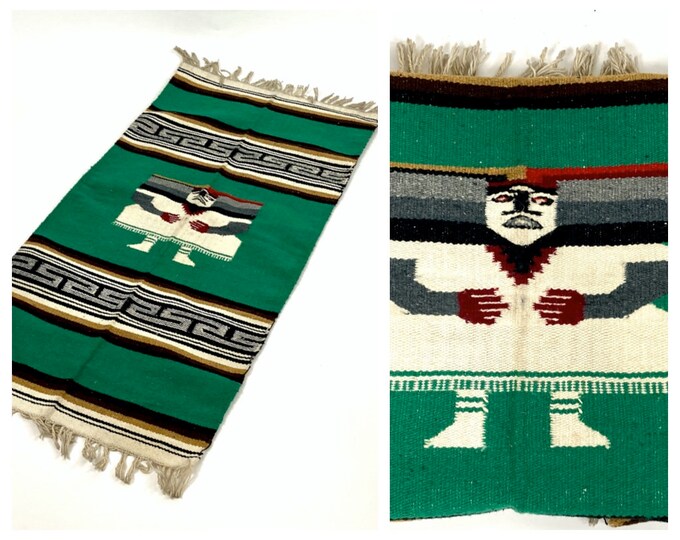 90s Green Aztek Rug Mexican Fringe Woven Rug Knit Southwestern Chief Blanket Vintage Long Striped Rectangle Decorative Wall Art