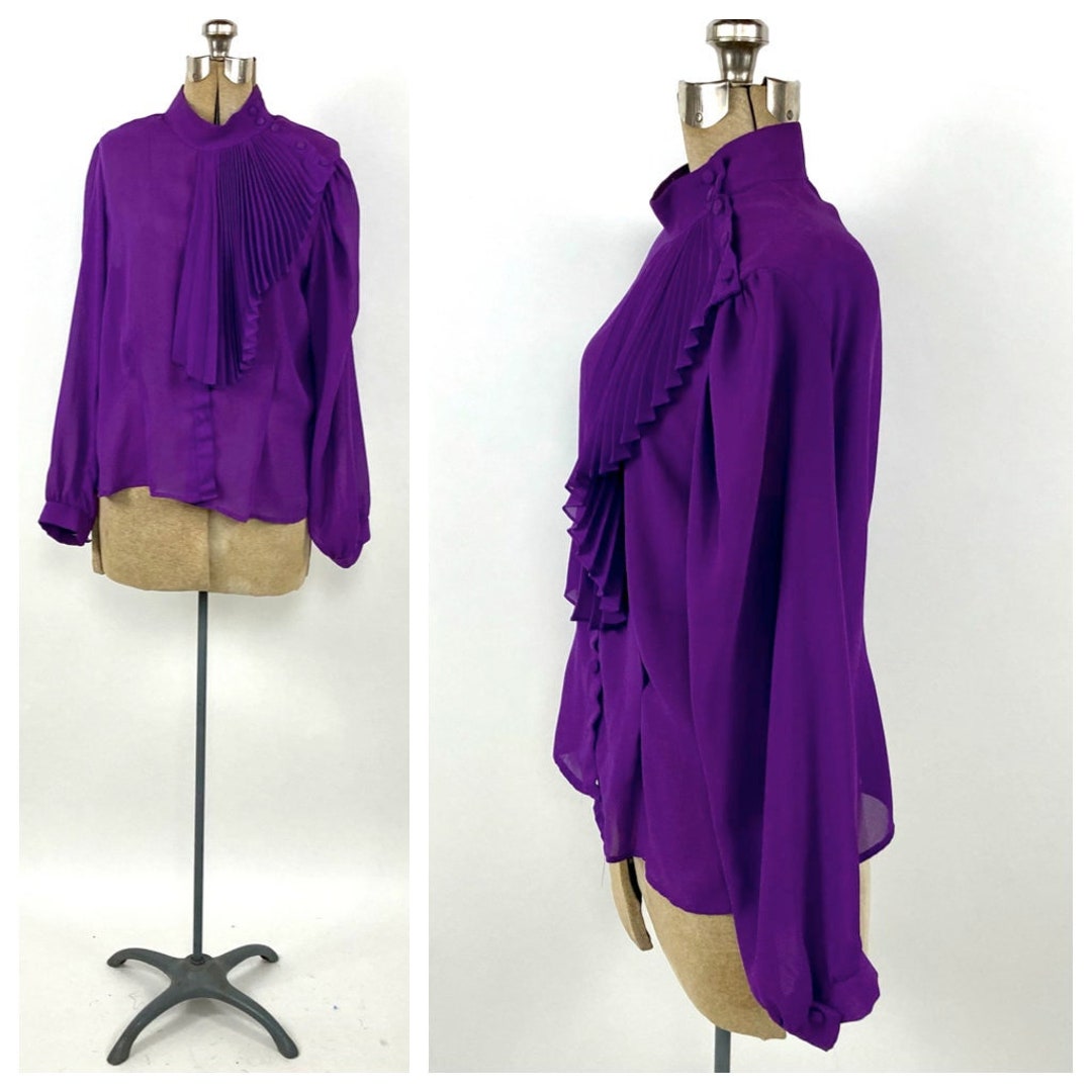 80s Bright Purple Blouse Sheer Origami Fan Draped Pleated - Etsy