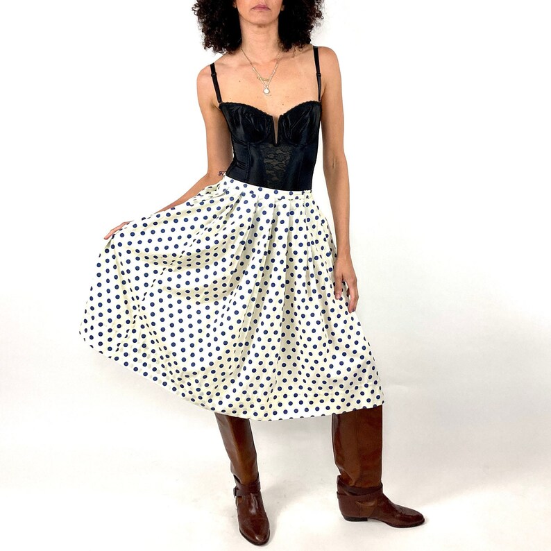 50s Cream Blue Polka Dot Full Skirt White Pleated Cotton Sheer Rockabilly Dress Skirt High Waist Vintage Preppy Skirt XS S image 5