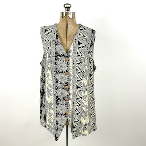 90s Black Cream Cotton Floral Long Vest Abstract Vintage Dress Sleeveless Top Festival Boho Hippie V Neck Tunic