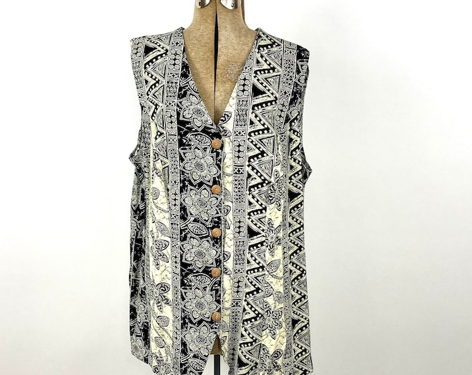 90s Black Cream Cotton Floral Long Vest Abstract Vintage Dress Sleeveless Top Festival Boho Hippie V Neck Tunic