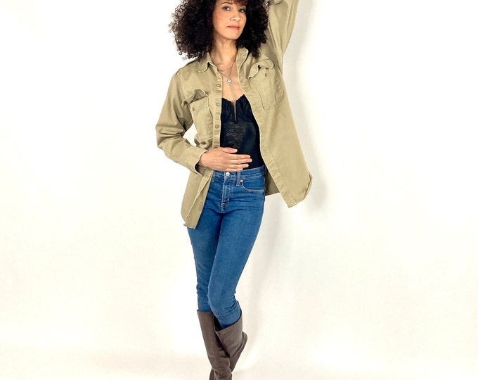 70s Tan Button Up Jacket Utility Khaki Brown Pocket Fitted Western Hippie Shirt Boho Minimalist Vintage Jacket XS/S